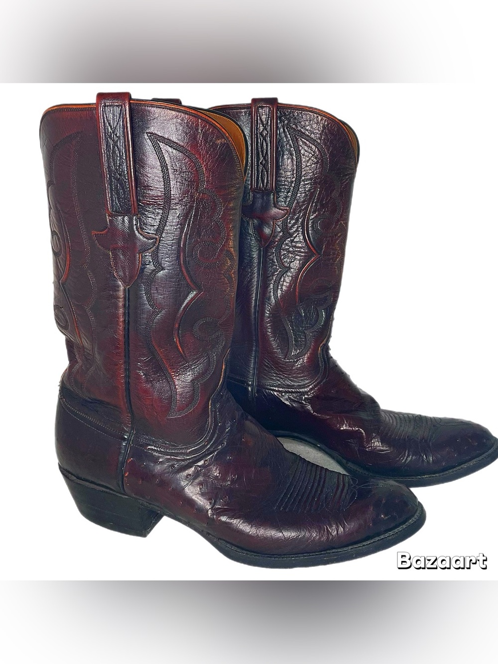 Vintage Lucchese Smooth Ostrich Cowboy Boots in Black Cherry